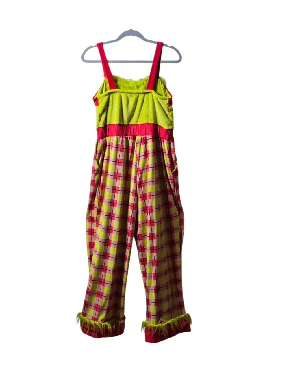 The Grinch Small Christmas Pajama Overalls Plaid Fuzzy Trim Dr Seuss Jumpsuit